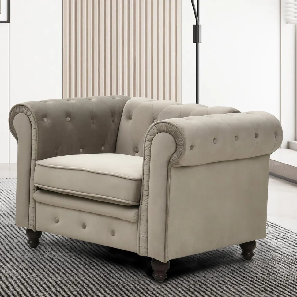 Grand fauteuil Chesterfield velours Taupe