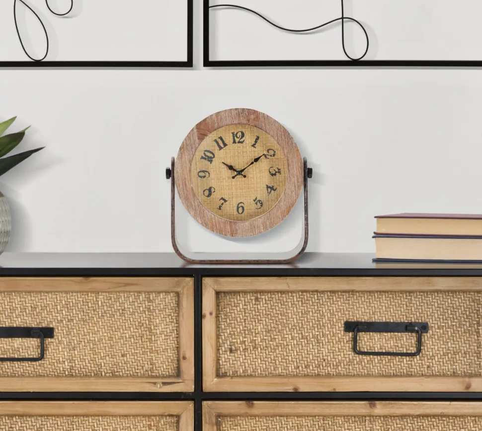 Horloge de table ronde en métal et bois marron