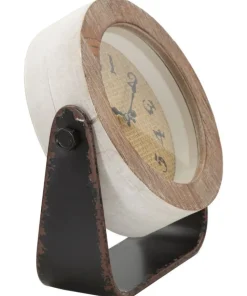 Horloge de table ronde en métal et bois marron