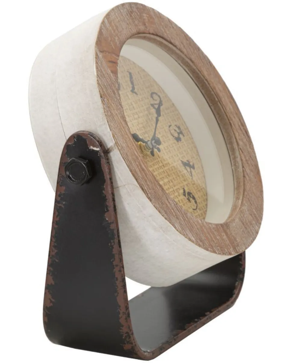 Horloge de table ronde en métal et bois marron