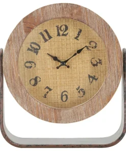 Horloge de table ronde en métal et bois marron