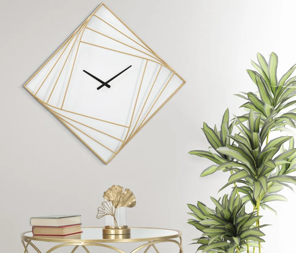 Horloge murale carrée métal doré et plastique blanc