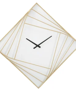 Horloge murale carrée métal doré et plastique blanc