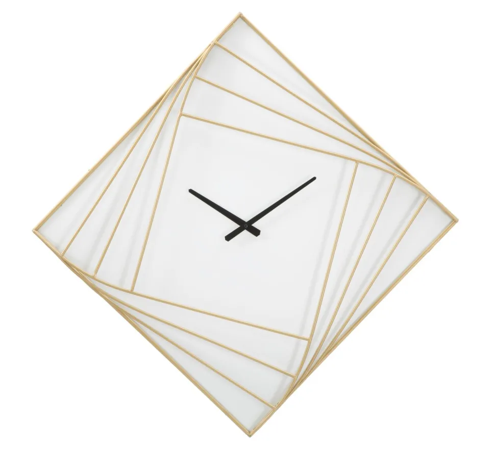 Horloge murale carrée métal doré et plastique blanc