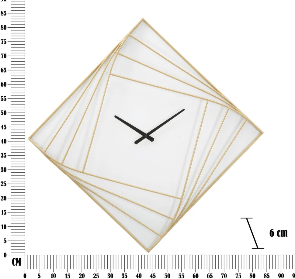 Horloge murale carrée métal doré et plastique blanc