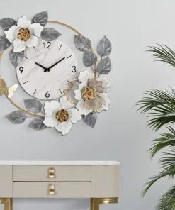 Horloge murale décorée fleurs et feuilles cadran marbre