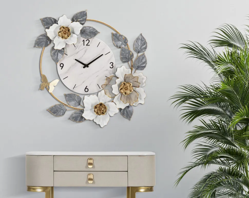 Horloge murale décorée fleurs et feuilles cadran marbre