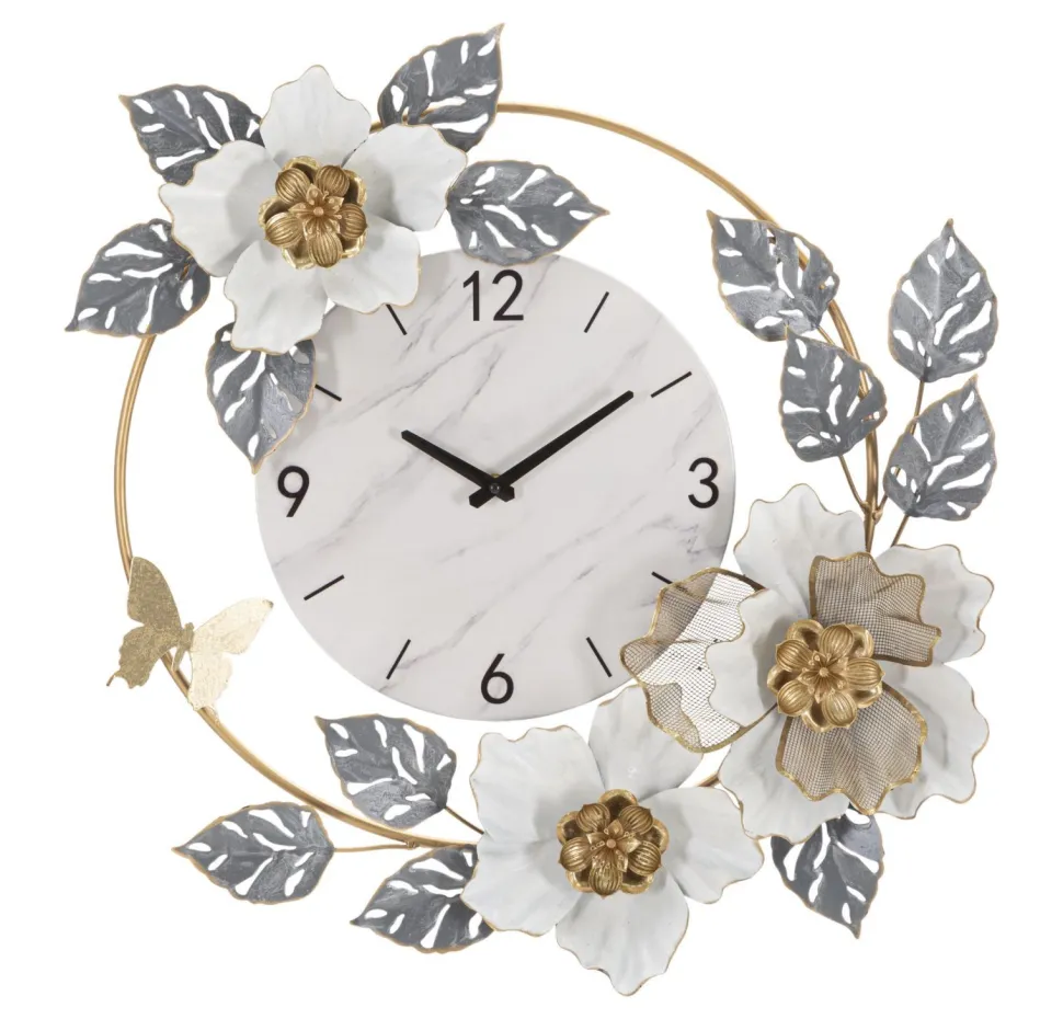 Horloge murale décorée fleurs et feuilles cadran marbre