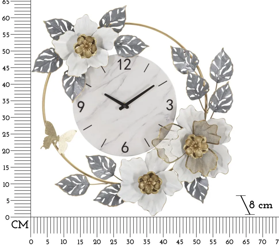 Horloge murale décorée fleurs et feuilles cadran marbre