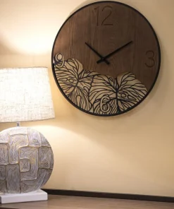 Horloge murale ronde Bois Métalisé décor feuille Noir Marron