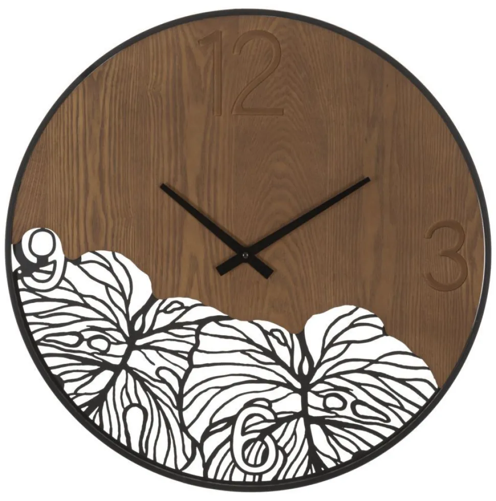 Horloge murale ronde Bois Métalisé décor feuille Noir Marron