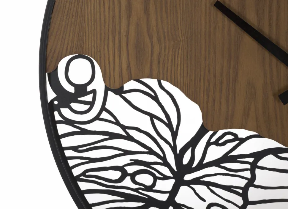 Horloge murale ronde Bois Métalisé décor feuille Noir Marron