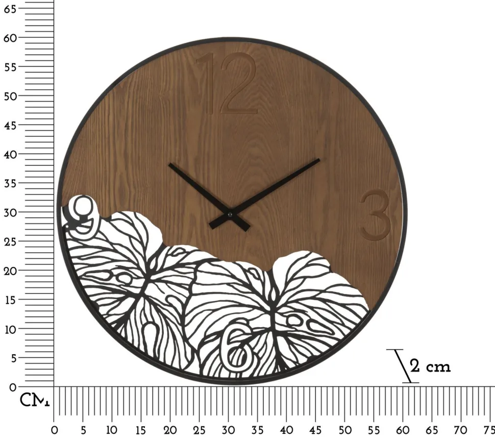 Horloge murale ronde Bois Métalisé décor feuille Noir Marron