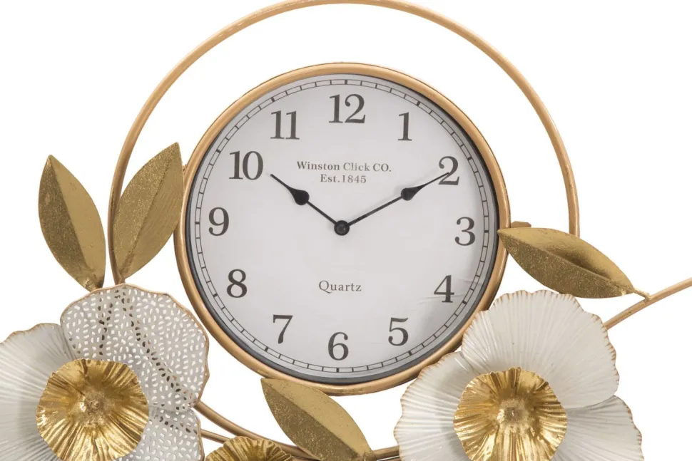 Horloge murale ronde 3D en fer et plastique décor fleurs et feuilles couleurs Vives et Blanc