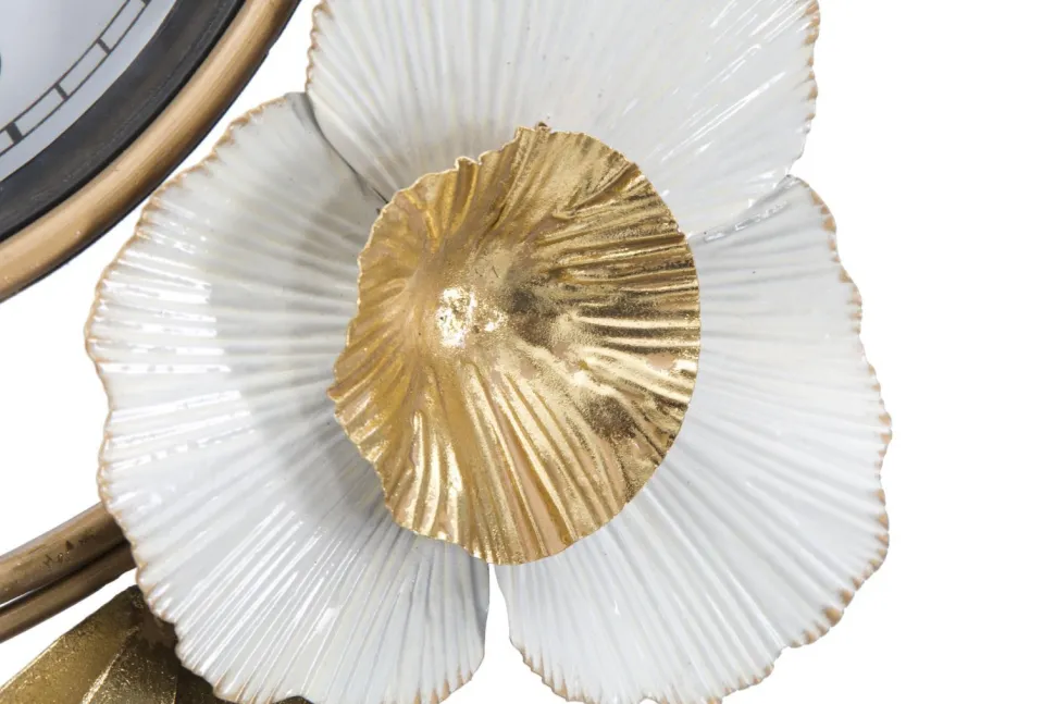 Horloge murale ronde 3D en fer et plastique décor fleurs et feuilles couleurs Vives et Blanc