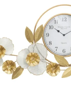 Horloge murale ronde 3D en fer et plastique décor fleurs et feuilles couleurs Vives et Blanc