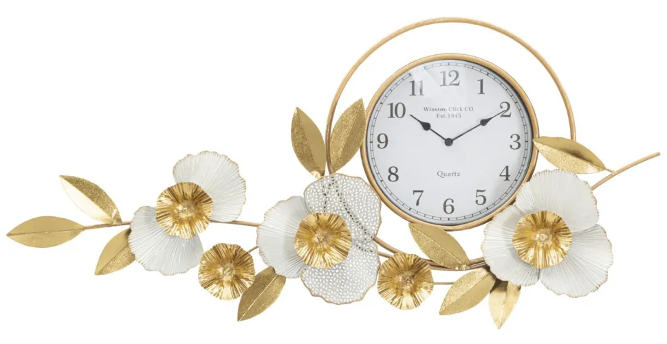 Horloge murale ronde 3D en fer et plastique décor fleurs et feuilles couleurs Vives et Blanc