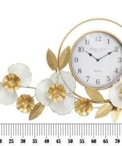 Horloge murale ronde 3D en fer et plastique décor fleurs et feuilles couleurs Vives et Blanc