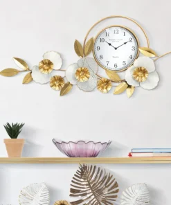 Horloge murale ronde 3D en fer et plastique décor fleurs et feuilles couleurs Vives et Blanc