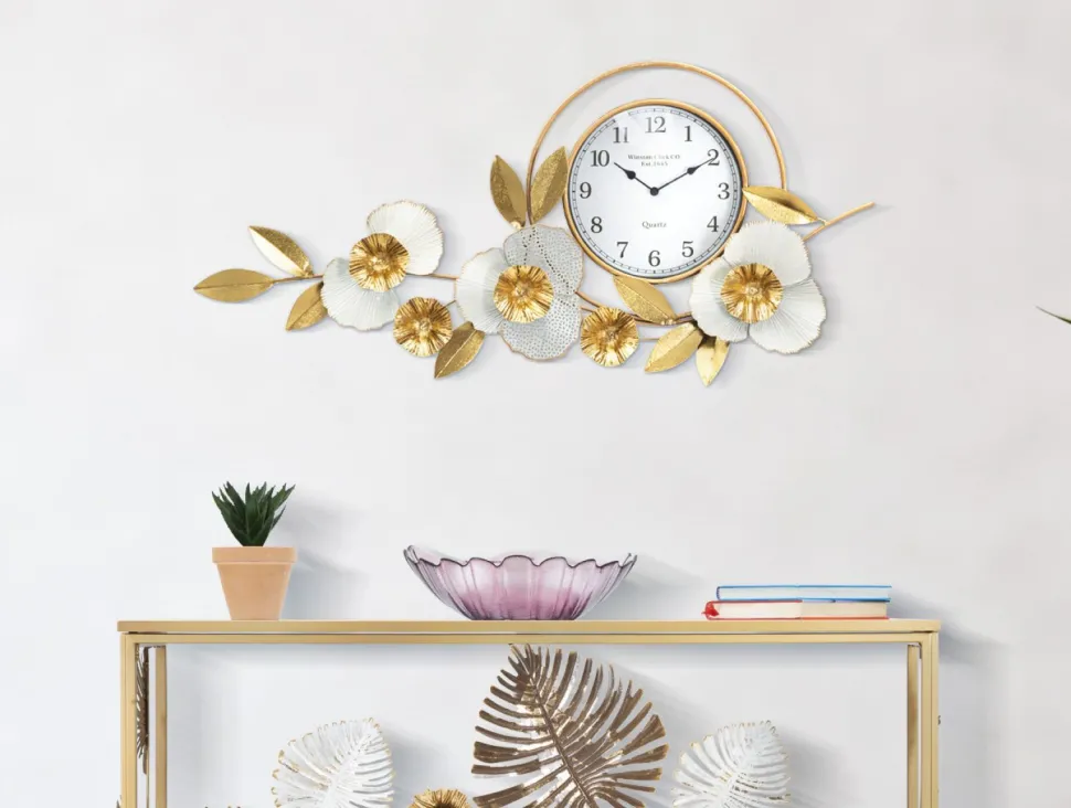 Horloge murale ronde 3D en fer et plastique décor fleurs et feuilles couleurs Vives et Blanc