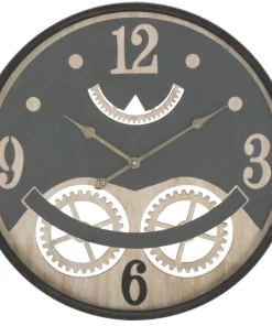 Horloge murale ronde décorative engrenages Fer M.D.F Noir et Brun