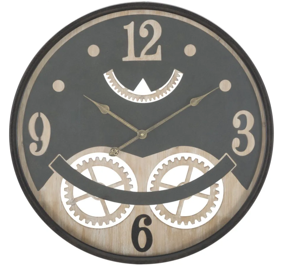 Horloge murale ronde décorative engrenages Fer M.D.F Noir et Brun