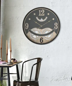 Horloge murale ronde décorative engrenages Fer M.D.F Noir et Brun