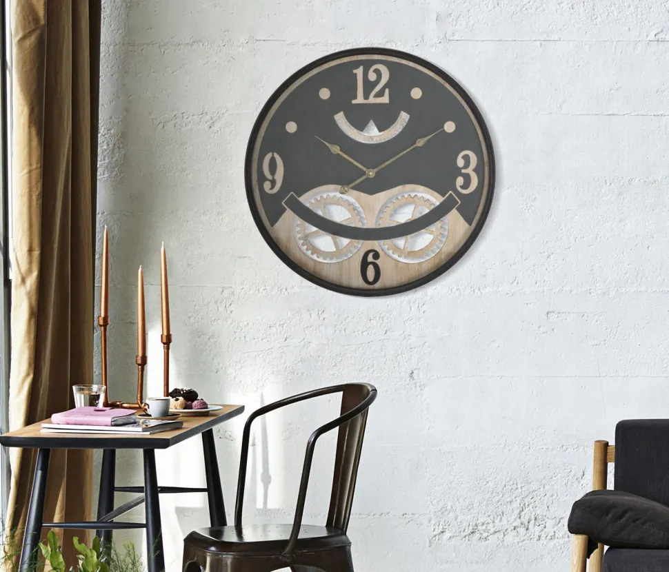 Horloge murale ronde décorative engrenages Fer M.D.F Noir et Brun