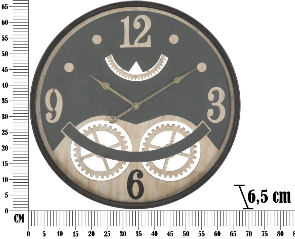 Horloge murale ronde décorative engrenages Fer M.D.F Noir et Brun