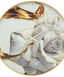 Horloge murale ronde décorée d'une rose cadre doré en verre et M.D.F.