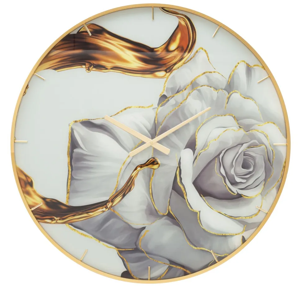 Horloge murale ronde décorée d'une rose cadre doré en verre et M.D.F.