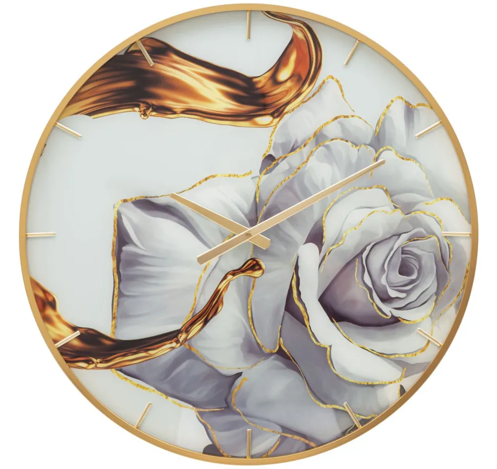 Horloge murale ronde décorée d'une rose cadre doré verre M.D.F métal