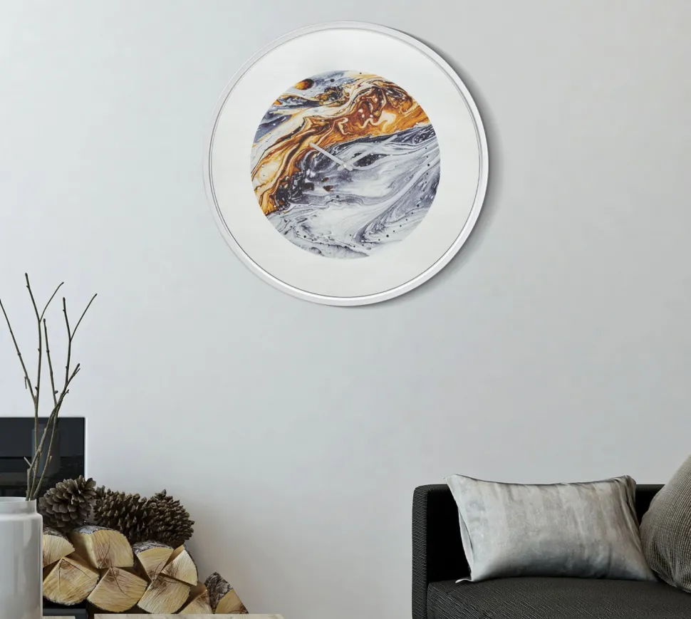 Horloge murale ronde design abstrait Fer M.D.F et verre gris