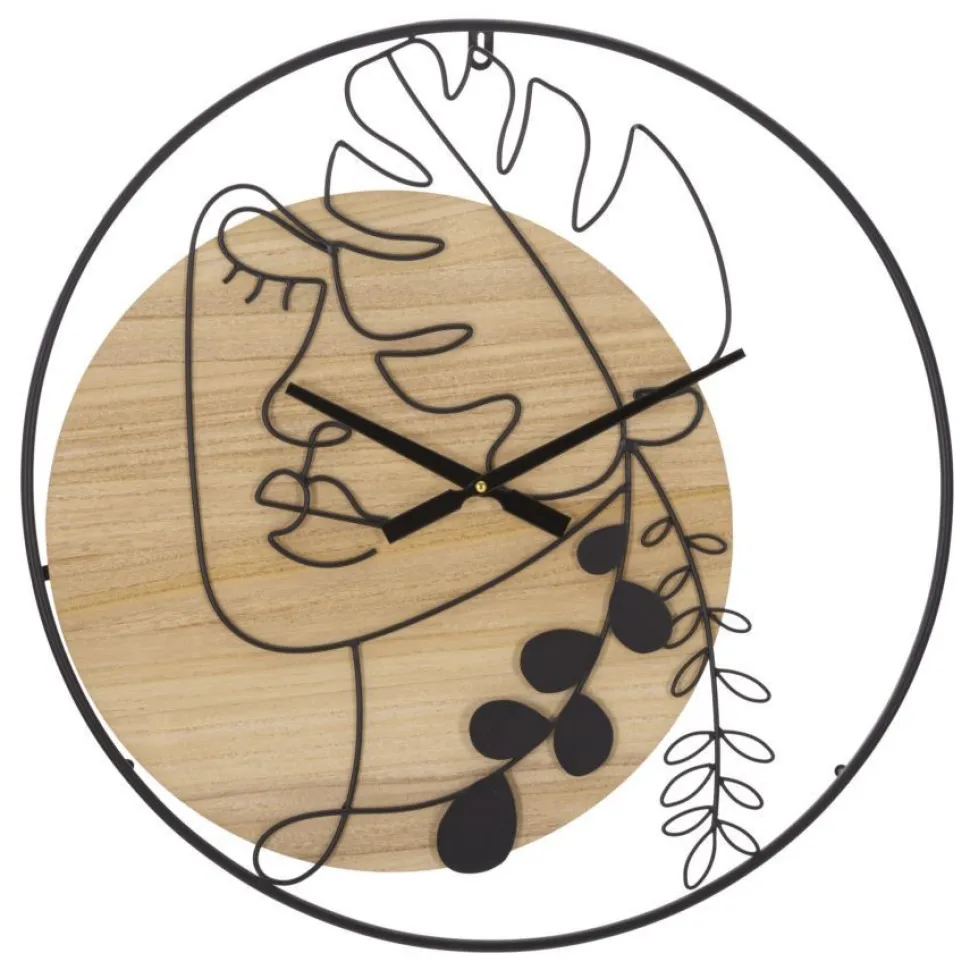 Horloge murale ronde en métal et MDF noir et brun