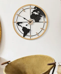 Horloge murale ronde Monde Métal Noir et M.D.F marron