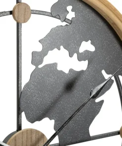 Horloge murale ronde Monde Métal Noir et M.D.F marron