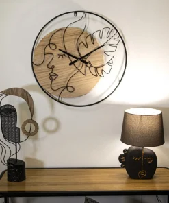 Horloge murale ronde métal noir et bois marron