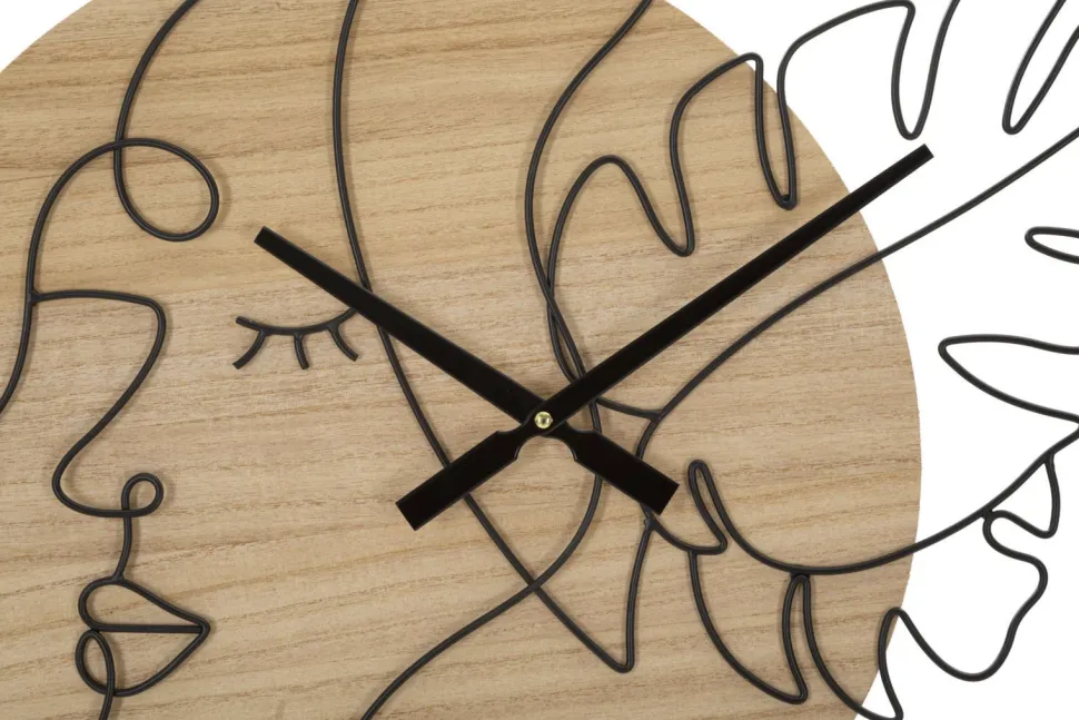 Horloge murale ronde métal noir et bois marron