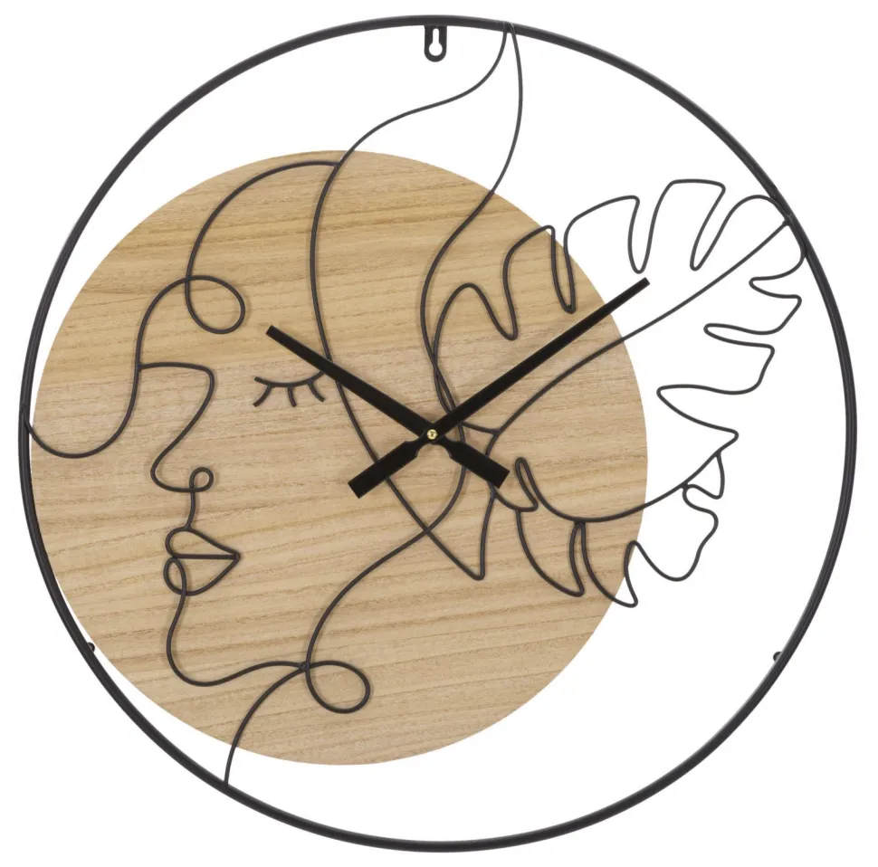 Horloge murale ronde métal noir et bois marron