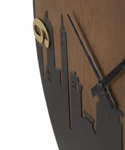Horloge murale ronde métal et bois ligne d'horizon chiffres dorés