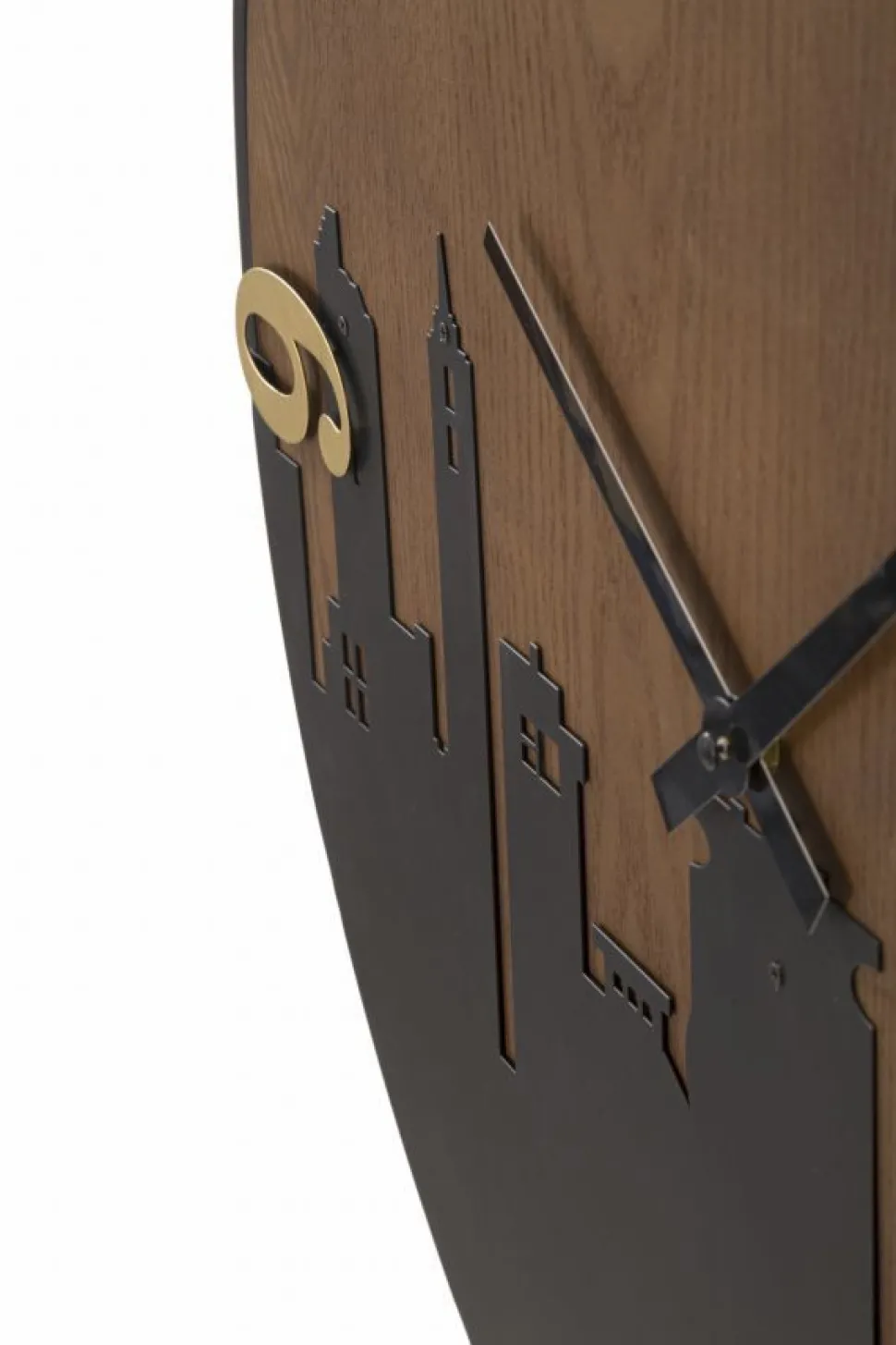 Horloge murale ronde métal et bois ligne d'horizon chiffres dorés