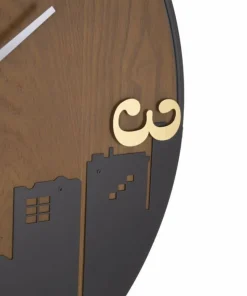 Horloge murale ronde métal et bois ligne d'horizon chiffres dorés