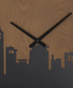 Horloge murale ronde métal et bois ligne d'horizon chiffres dorés
