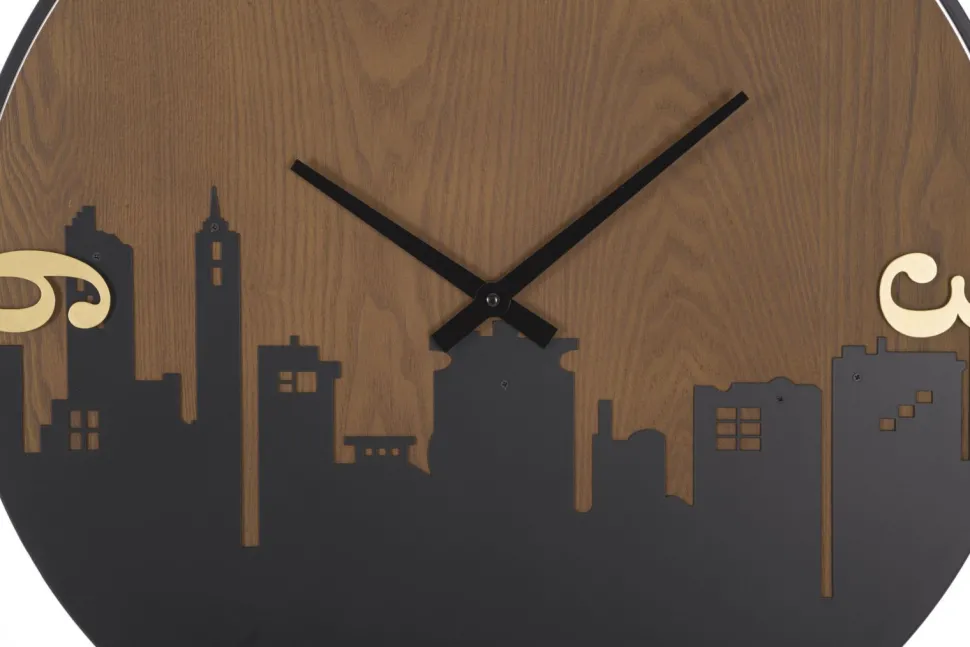 Horloge murale ronde métal et bois ligne d'horizon chiffres dorés