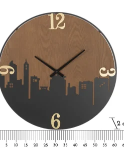 Horloge murale ronde métal et bois ligne d'horizon chiffres dorés