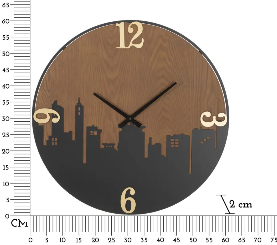 Horloge murale ronde métal et bois ligne d'horizon chiffres dorés