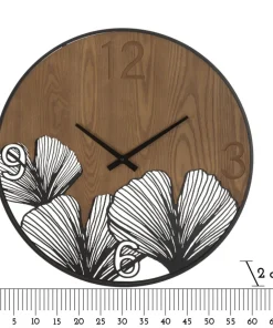 Horloge murale ronde métal et MDF noir et marron décor feuilles