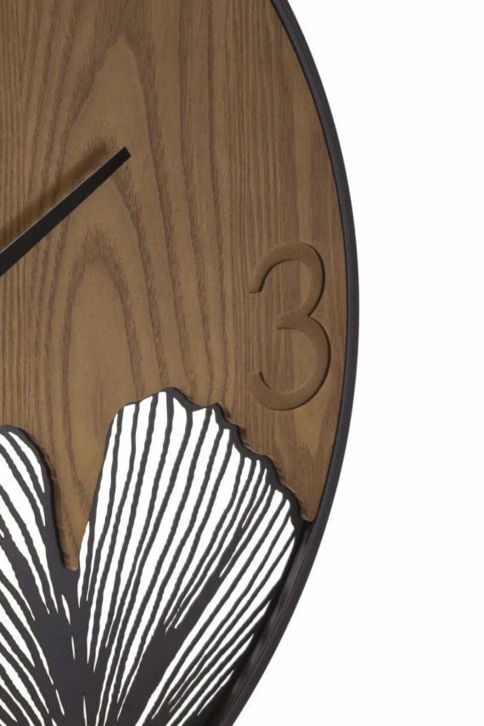 Horloge murale ronde métal et MDF noir et marron décor feuilles