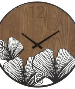 Horloge murale ronde métal et MDF noir et marron décor feuilles