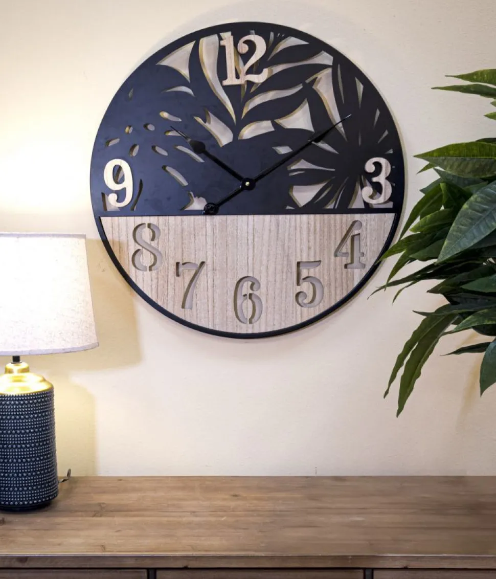 Horloge murale ronde Palm Métal Noir et Bois Clair
